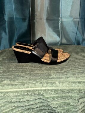 Chaps Black Cork-Trim Wedge Slide Sandals